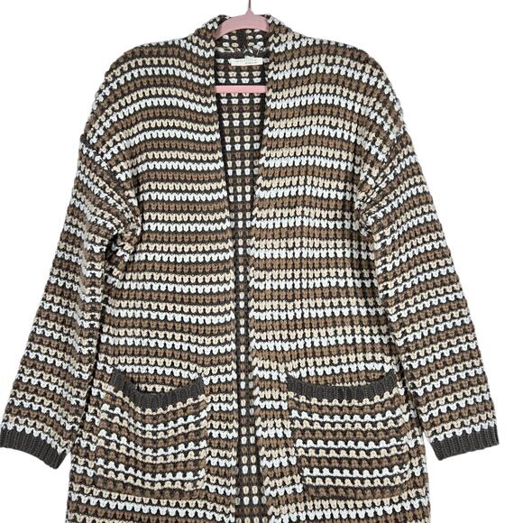 Lovestitch Cardigan Sweater Womens Small Brown Cream Striped Open Chunky Cozy - Picture 2 of 12